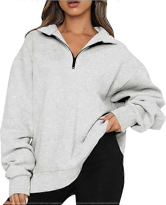 Women's Oversized Sweatshirt Long Sleeve Solid Pullover Zipper Sweater