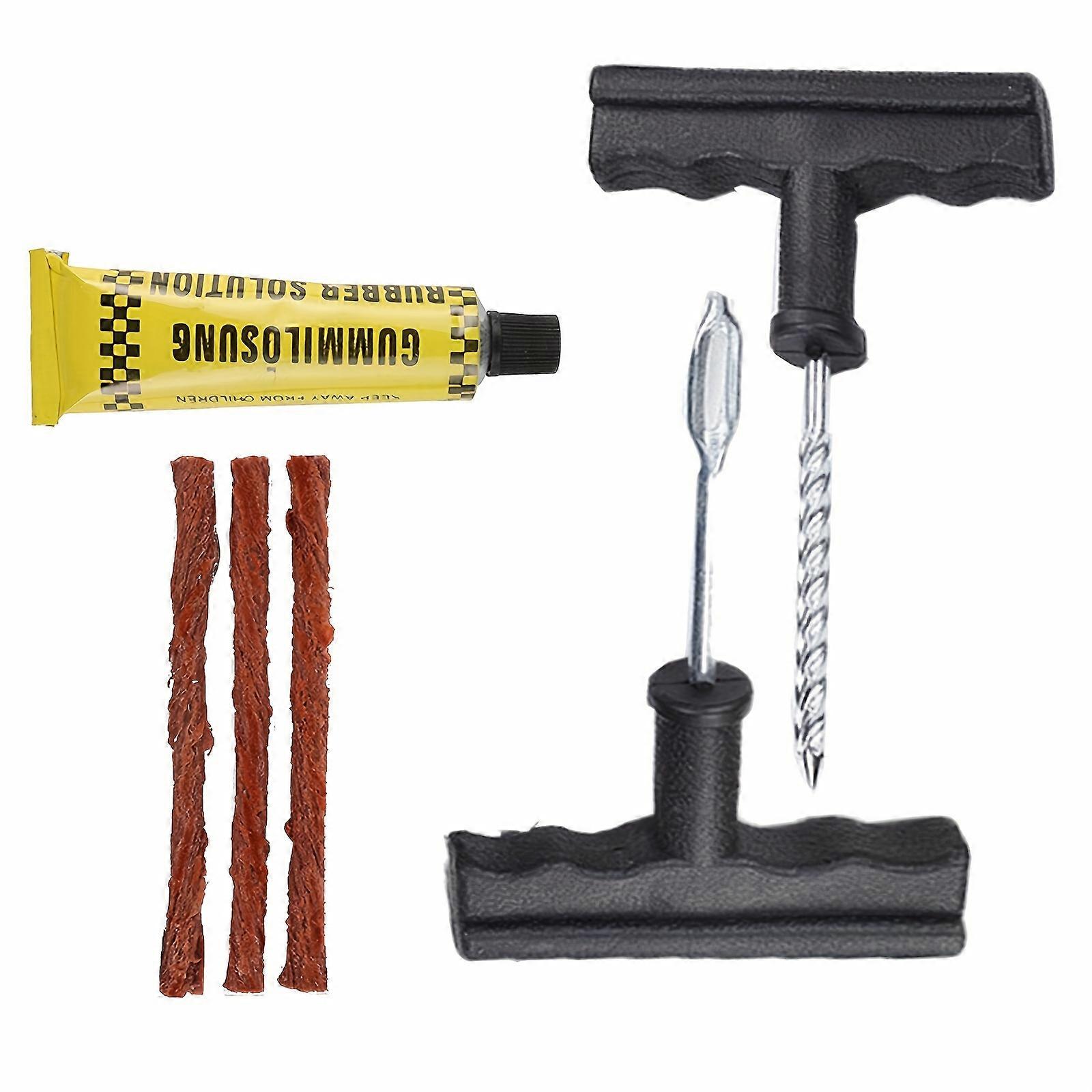 Auto Tire Repair Kit With Heavy Duty Strings, T-Handle Type & Glue For Flat Tire Puncture Repair - Durable Metal Material