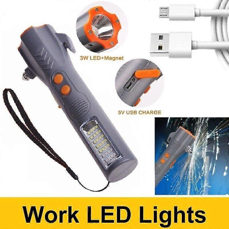 USB Rechargeable Emergency Working Light LED Flashlight Torch With Safety Hammer