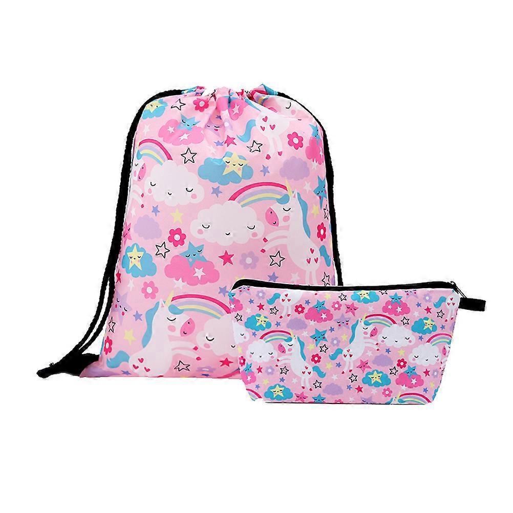 2 Pcs Shopping Storage Backpack and Coin Purse Set 3D Unicorn Printed Drawstring Pouch Spacious Bundle Bag Small Packet (Style 7, Pink)