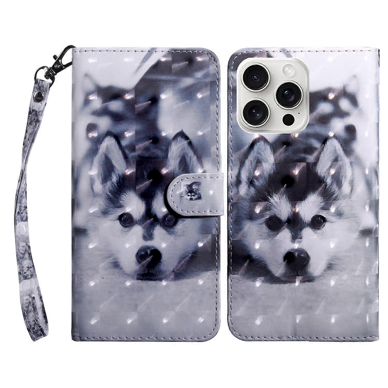 For iPhone 16 Pro Max Case Stand Pattern Printing Leather Phone Cover - Husky