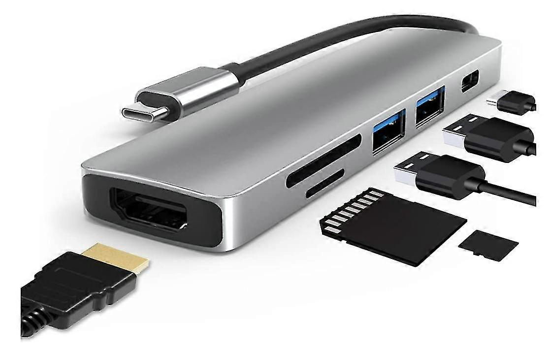 USB C Hub with 4K HDMI, 6 in 1 Type C Hub with 4K HDMI, 2 x USB 3.0 Data Transfer, SD/TF Card Reader, 60W PD Charging Port Compatible for Macbook/Mac 