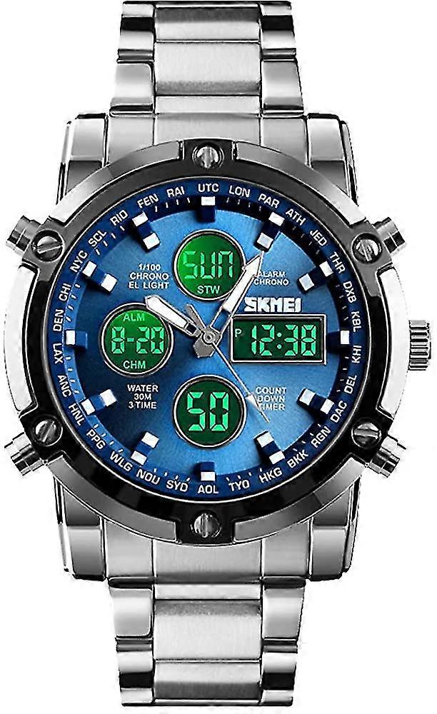 Mens Wrist Watch, Waterproof Military Analog Digital Watches With Led Multi Time Chronograph, Stainless Steel Business Watches For Men
