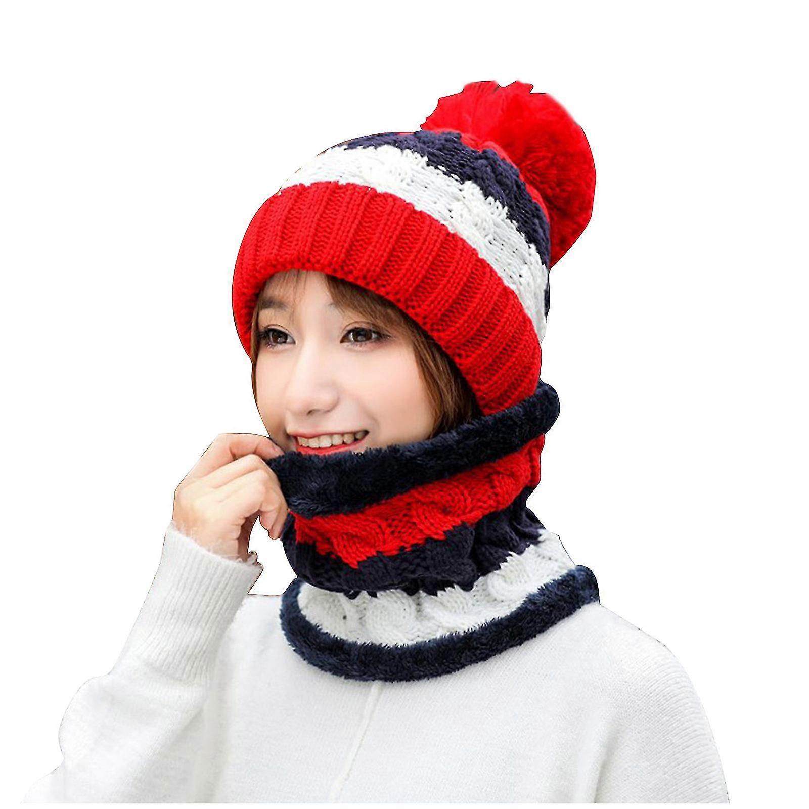 Women's Winter Thicker Knitted Warm Cap Ruff Hat Two-piece Set