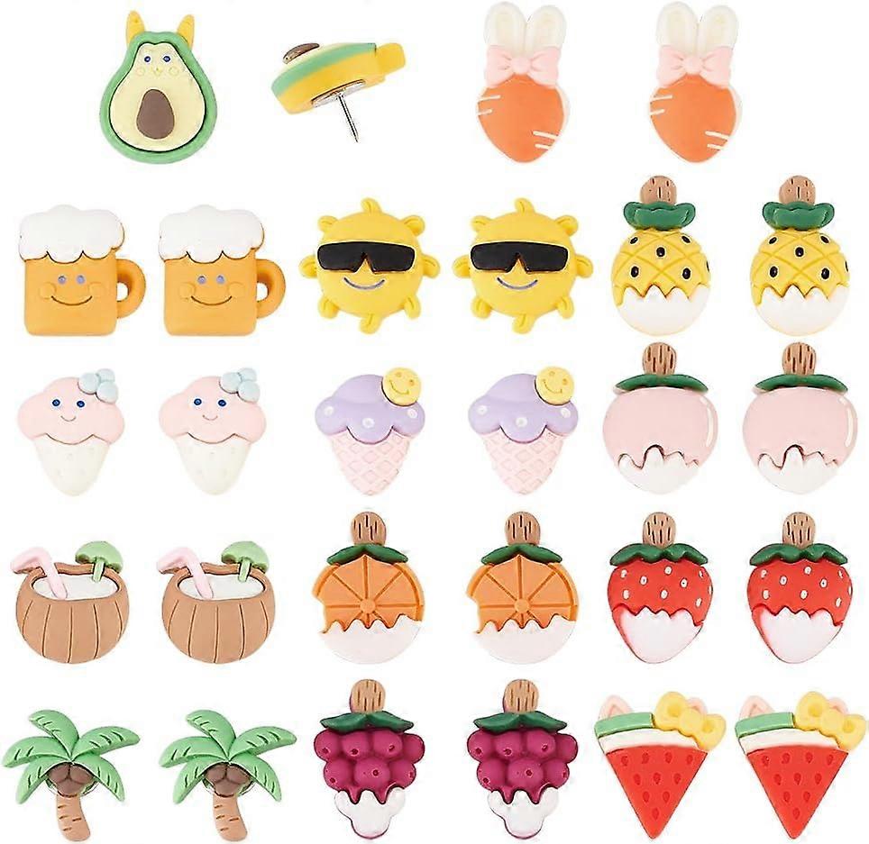 28pcs Summer Theme Thumbtacks 14 Styles Push Pins Decorative Thumb Tacks Wall Pins Mini Thumbtacks Ice Cream Watermelon Tree Stick Pins for Bulletin B