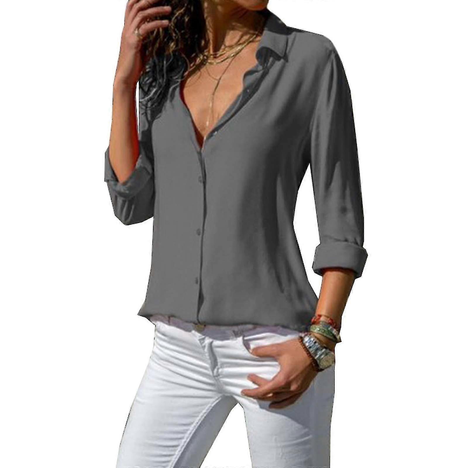 Women Long Sleeve Solid Button Down Lapel Shirt