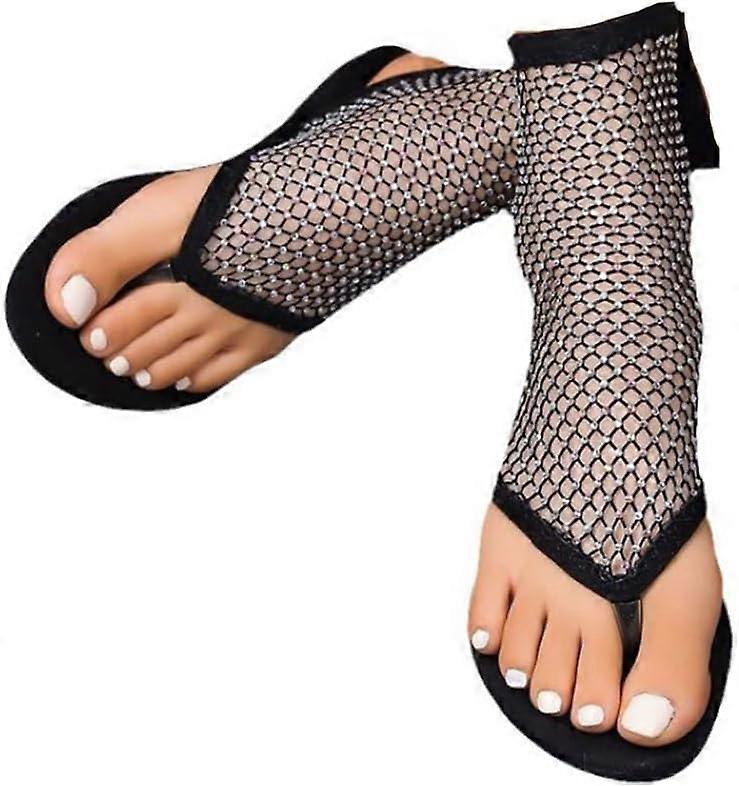 Lucido Strass Mesh Flats, Sandali Bling per le donne, Calze a rete elasticizzate Hollow Short Bling Scarpe basse