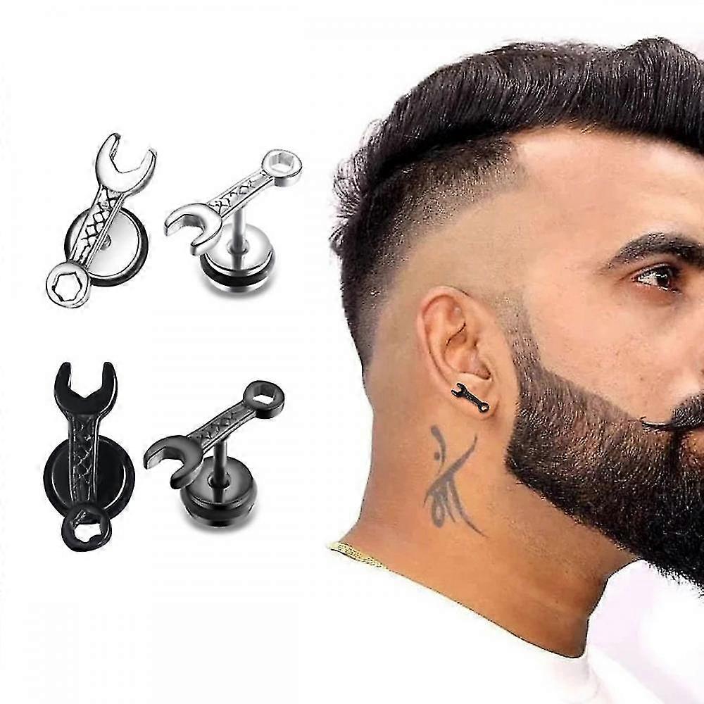 2 pairs of earrings stainless steel wrench for men piercing
