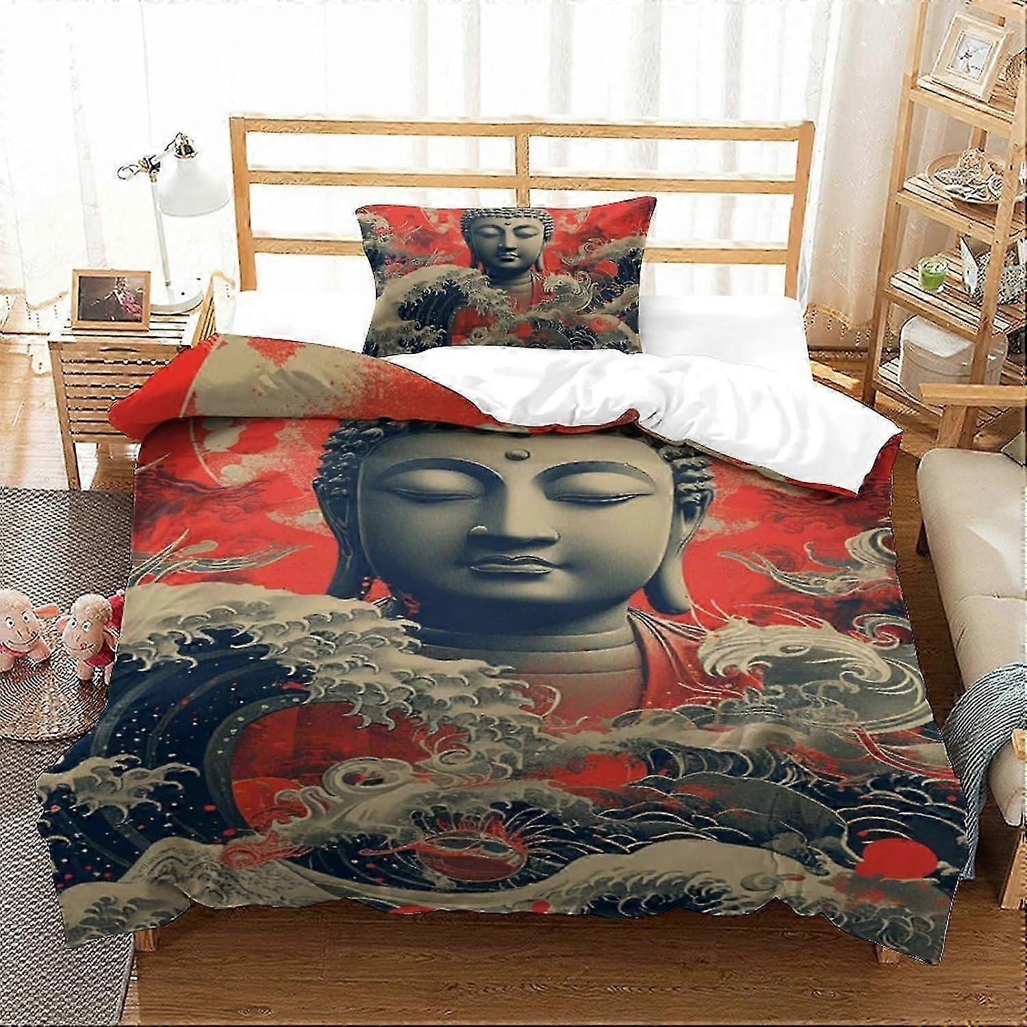J402 ملاءات السرير تمثال بوذا 3D غطاء لحاف مطبوع 2 قطعة غطاء سرير ناعم من الألياف الدقيقة مع إغلاق سحابأغطية وسائد للمراهقين والكبار ملاءات السرير