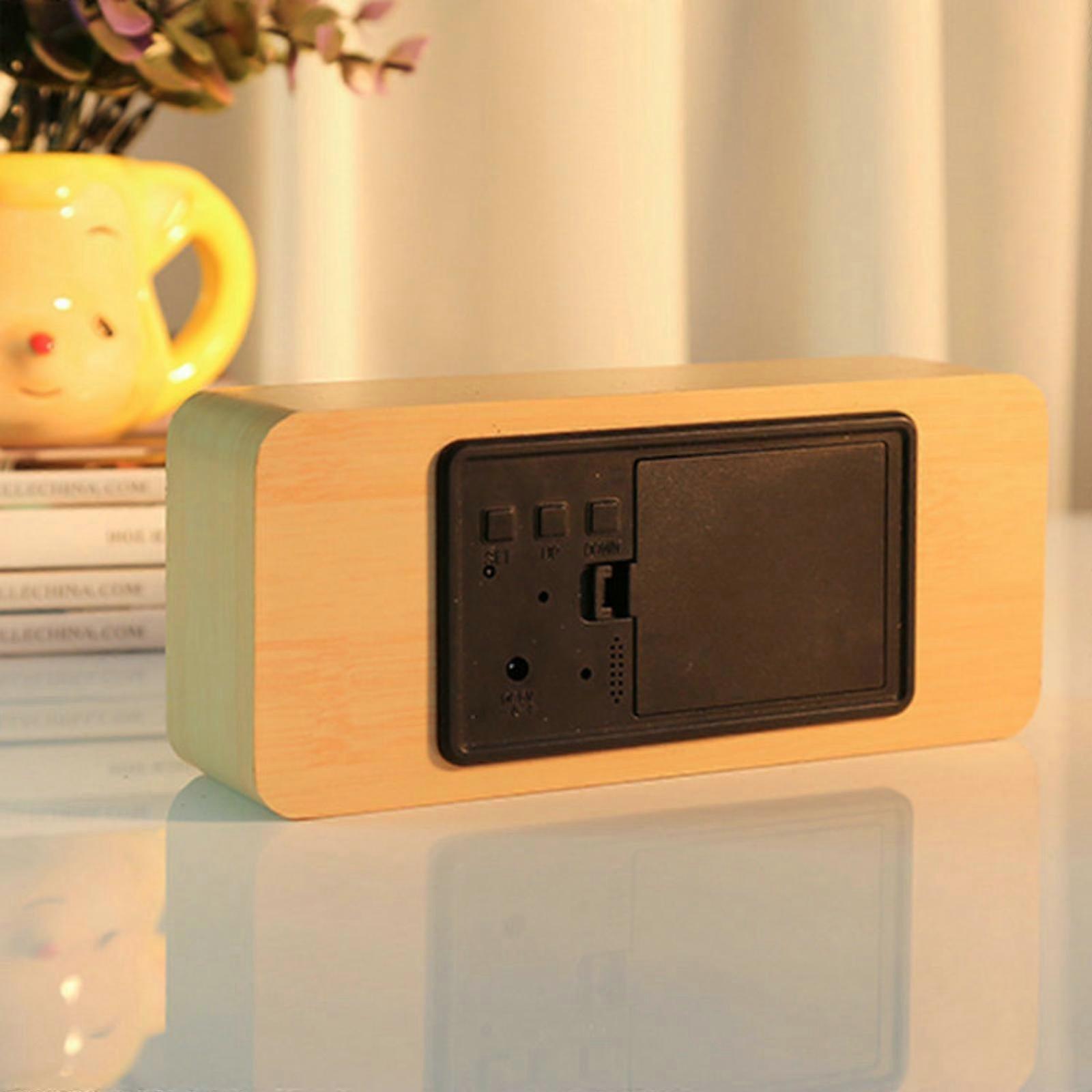 WEKITY--Digital Alarm Clock, Wood Made Electric Clocks with 3 Brightness Levels, LED Temperature Time Calendar Display, Humidity Display, Sound Contro
