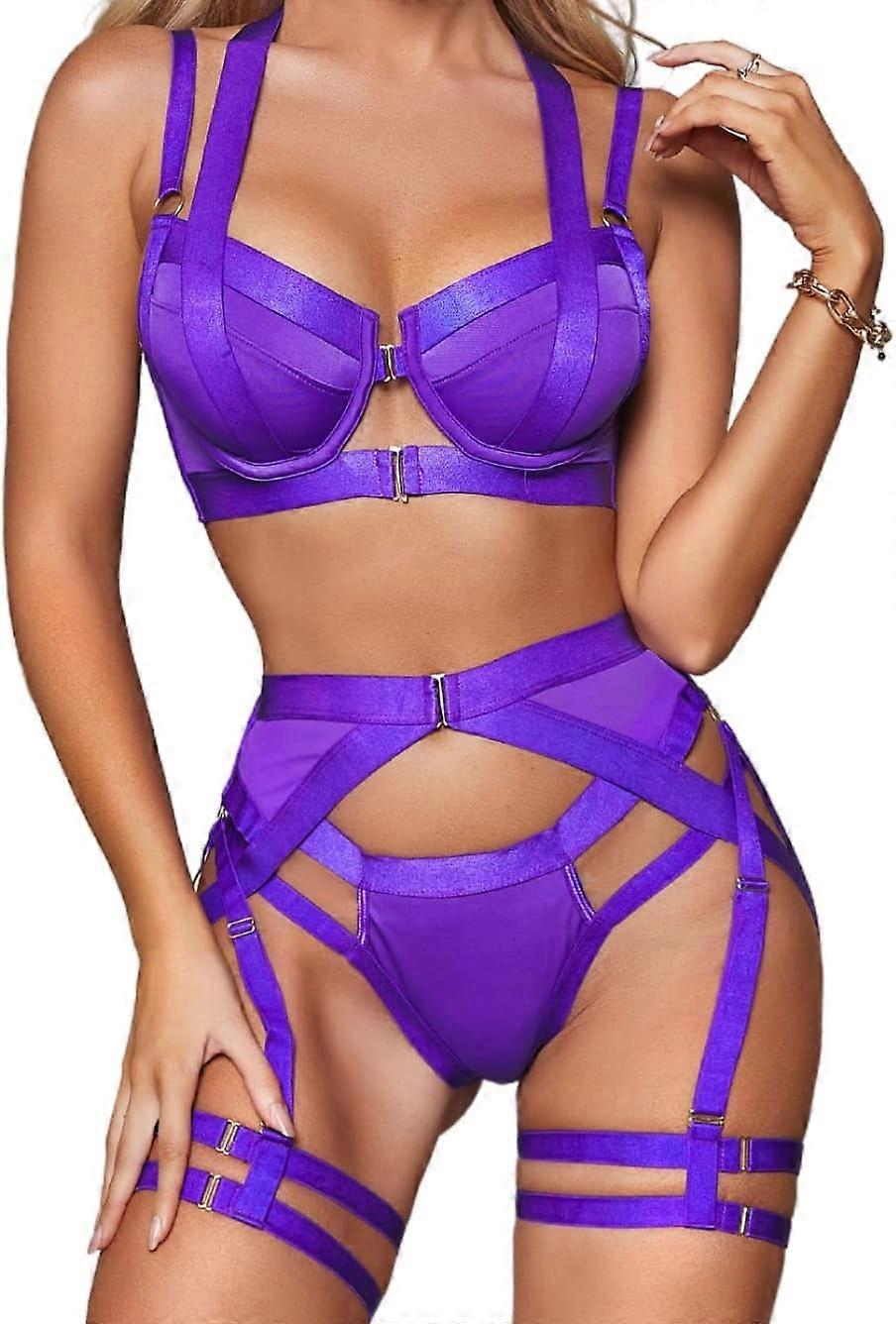 Strappy Harness, All Adjustable, Underwire Racerback, 4pc Garter Set Dark Purple