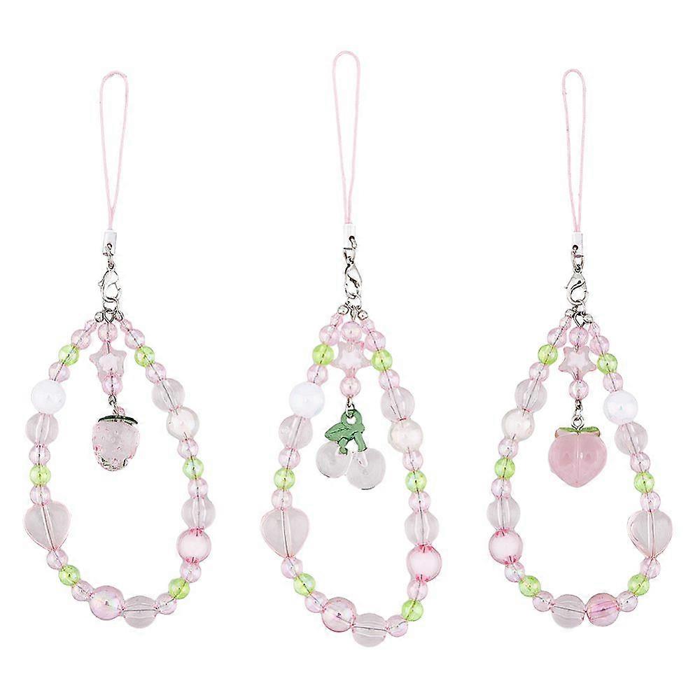 Acrylic Beads Mobile Straps Resin Charm and Polyester Cords Mobile Accessories Decoration Peach & Cherry & Strawberry Pink 17cm 3pcs/set