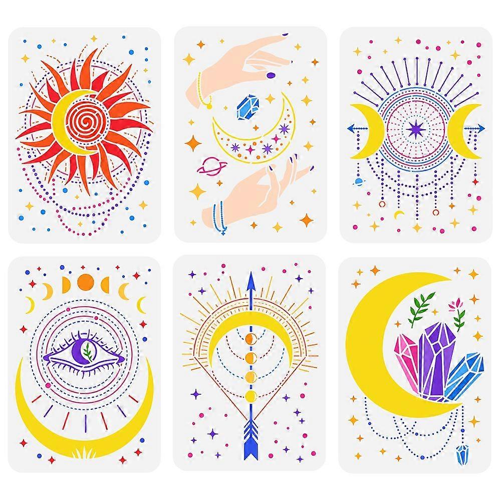 1Set 6Pcs 6 Styles Witch Theme PET Hollow Out Drawing Painting Stencils for DIY Scrapbook Photo Album Witch Hand & Sun & Moon & Cluster Pattern Mixed