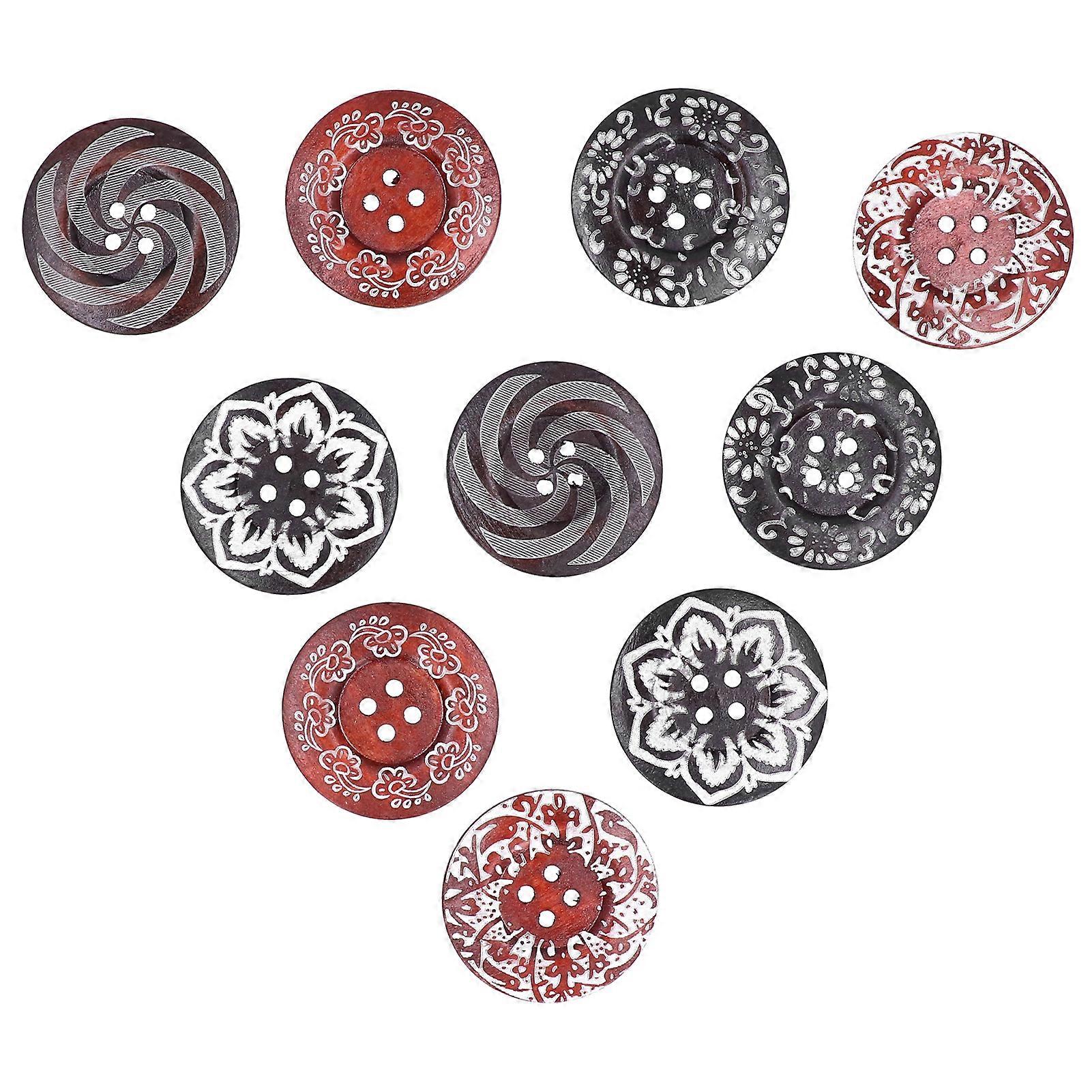 10Pcs Round Buttons Mixed Pattern Carving 4‑Holes Button DIY Art Crafts Supplies