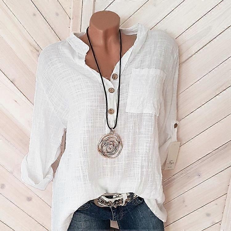 Spring and Autumn Women's Tops Solid Color Button V Neck Cotton Linen Blouse Plus Size Pocket Tops