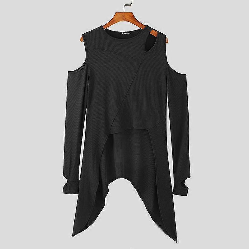 INCERUN Men Cold Shoulder Cutout Long Sleeve T-Shirts Casual Irregular Splits Tops