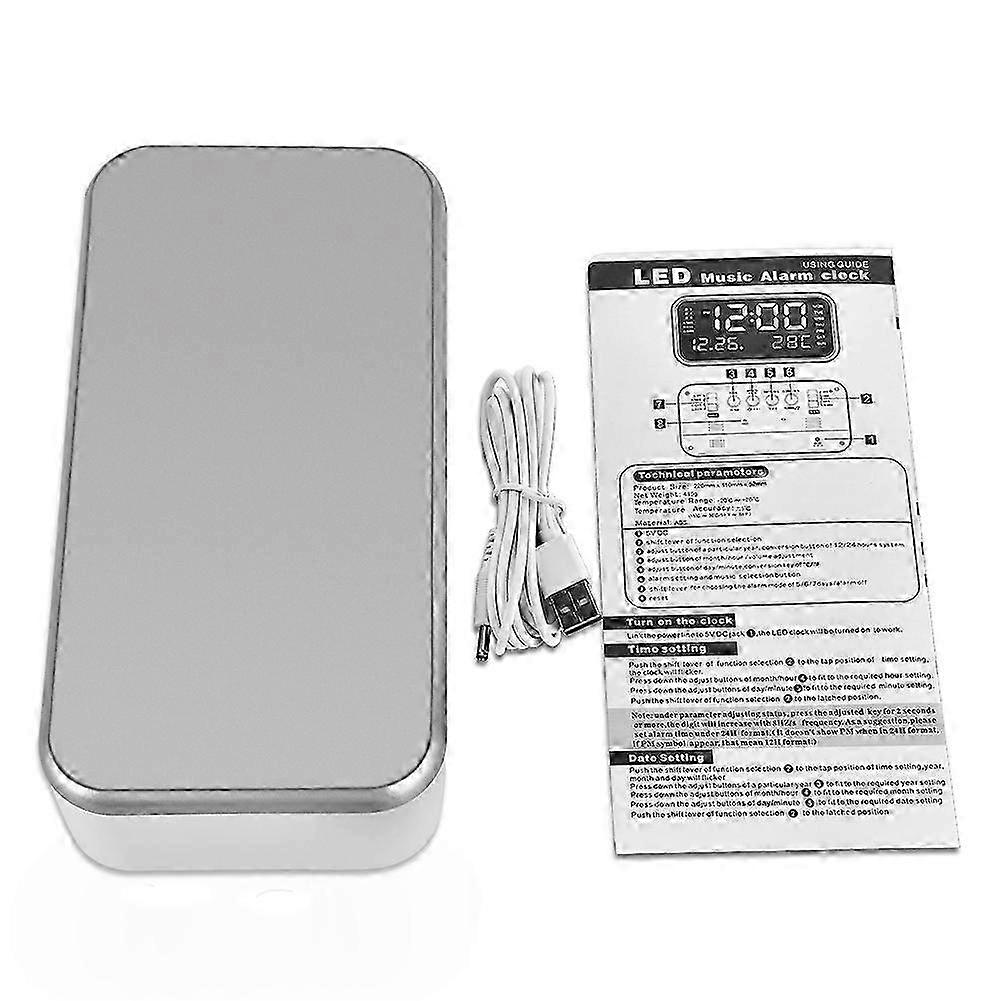 USB LED Screen Digital Music Alarm Clock Date/Temperature Display Desk Bedside Clocks White
