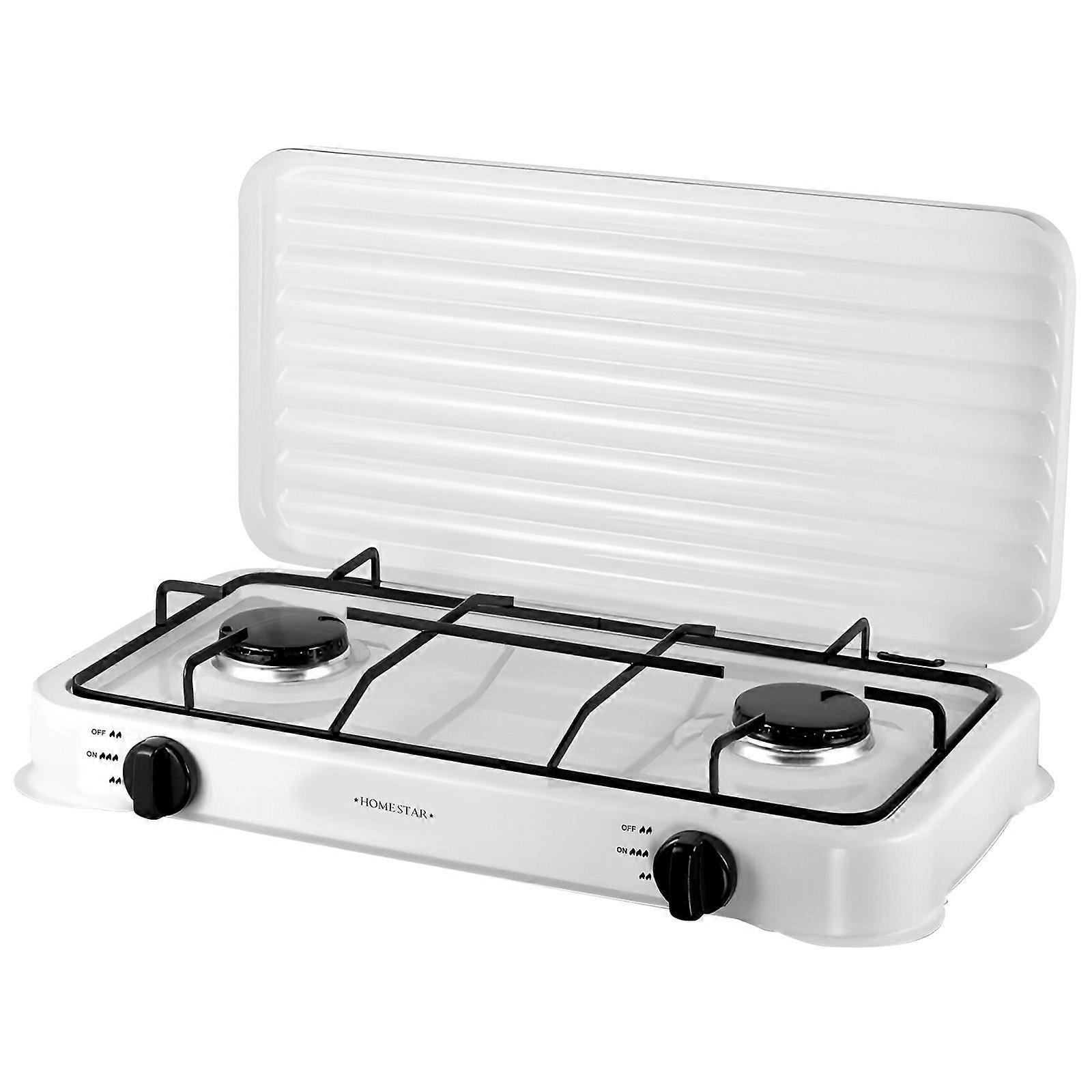 2-Burner Gas Stove with Foldable Lid, Easy to Clean, White