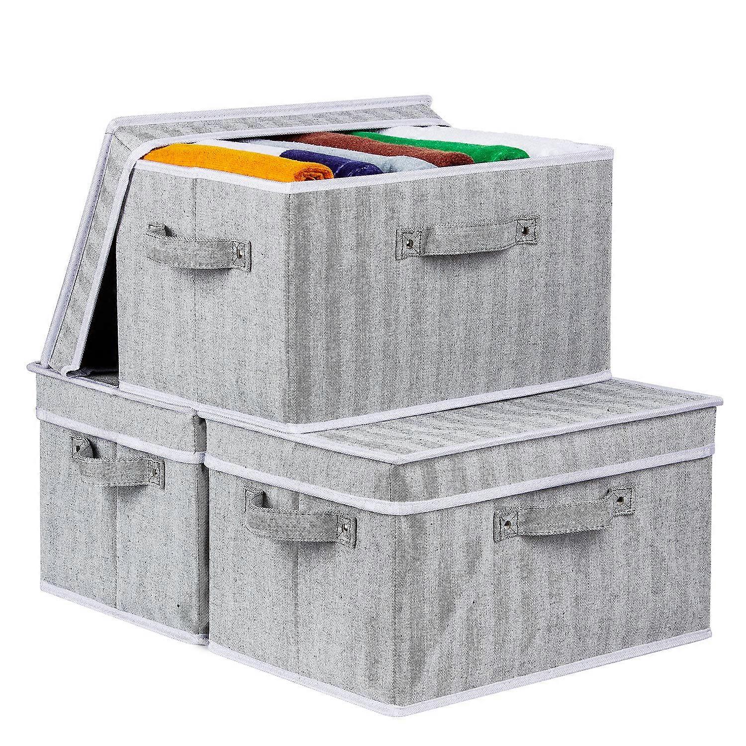 Storage Bins Set of 3, Grey Decorative Storage Baskets with Lids, Stackable Closet Organizers with Handles for Home Office