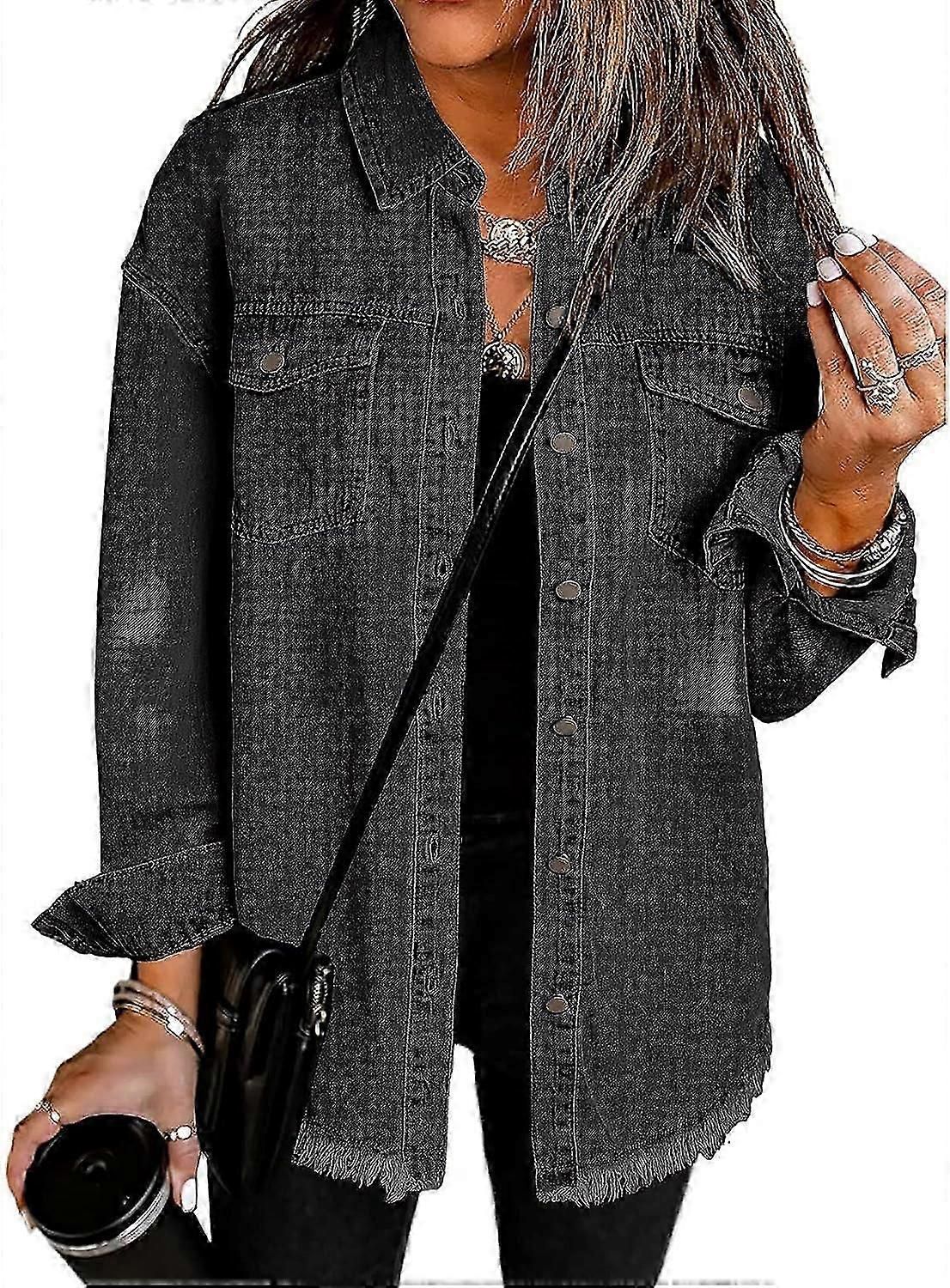 Womens Oversized Button Up Frayed Hem Shacket Long Sleeve Pockets Denim Jean Jacket