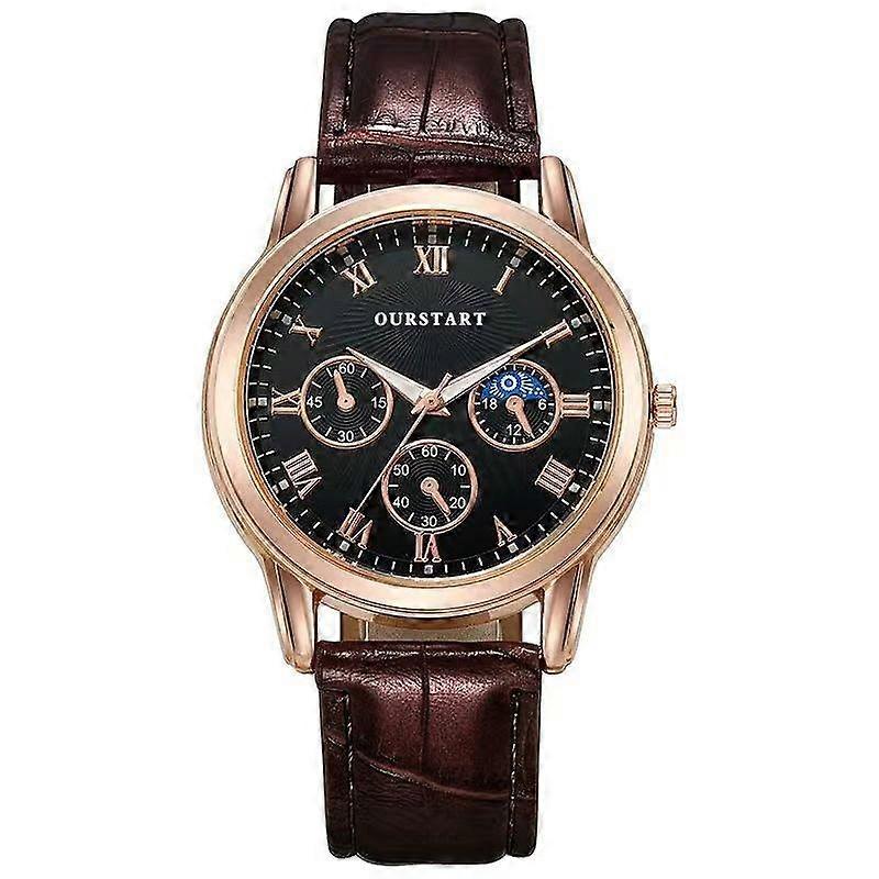 OURSTART Men 3-Eye Decorative Quartz Leather Strap Watch
