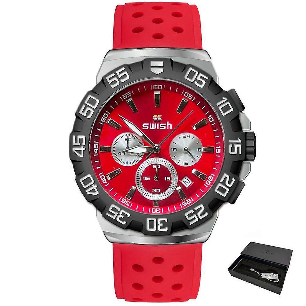 SWISH Waterproof Red Chronograph Watch for Male Sport Wristwatch Military Clock 24 Hours Rubber Strap Relogio Masculino Quartz