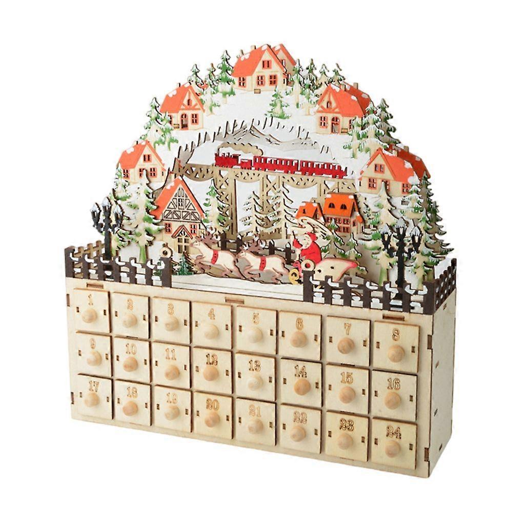 Yuletide Wood Cabinet Shape Advents Calendar with 24 Drawers and LED Scene