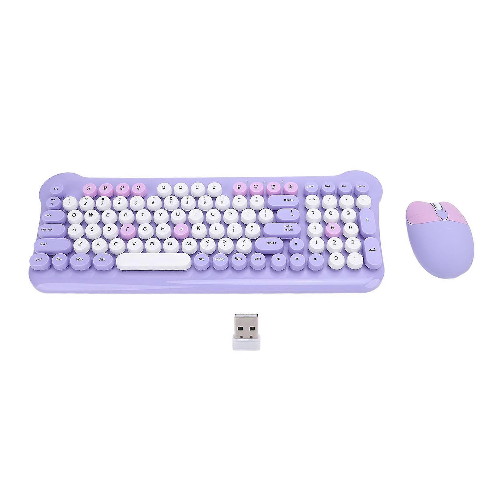 Wireless Keyboard and Mouse Combo 2.4G Retro Round Keycaps 98 Keys for PC Laptop Purple