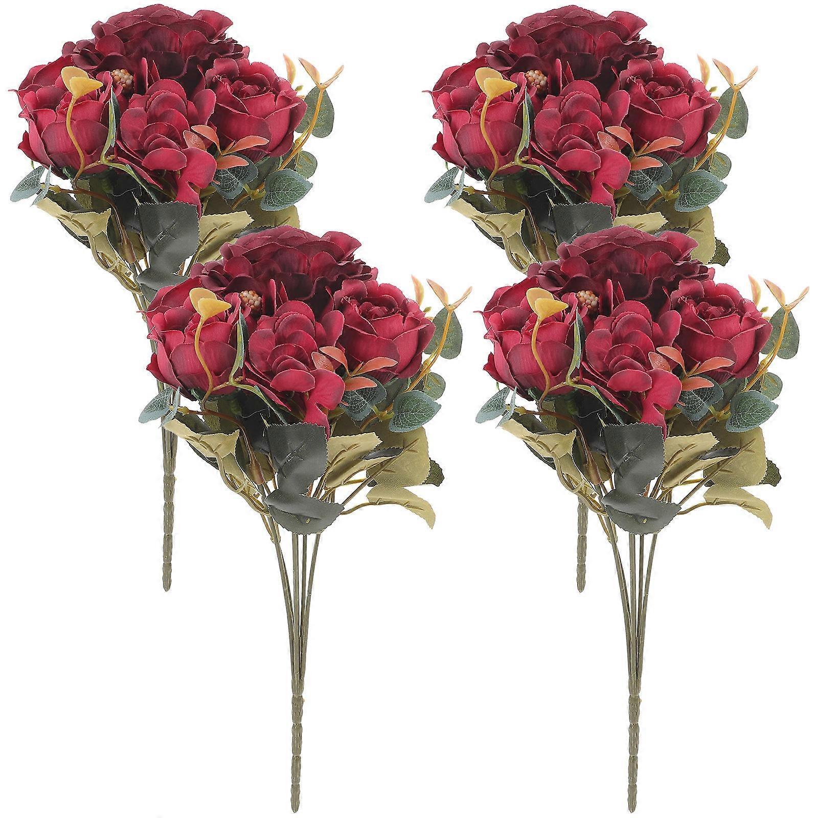 Artificial Rose Flowers Home Decoration Dark Red Bouquet European Classical Style 29.00X15.00X15.00CM 4Pcs