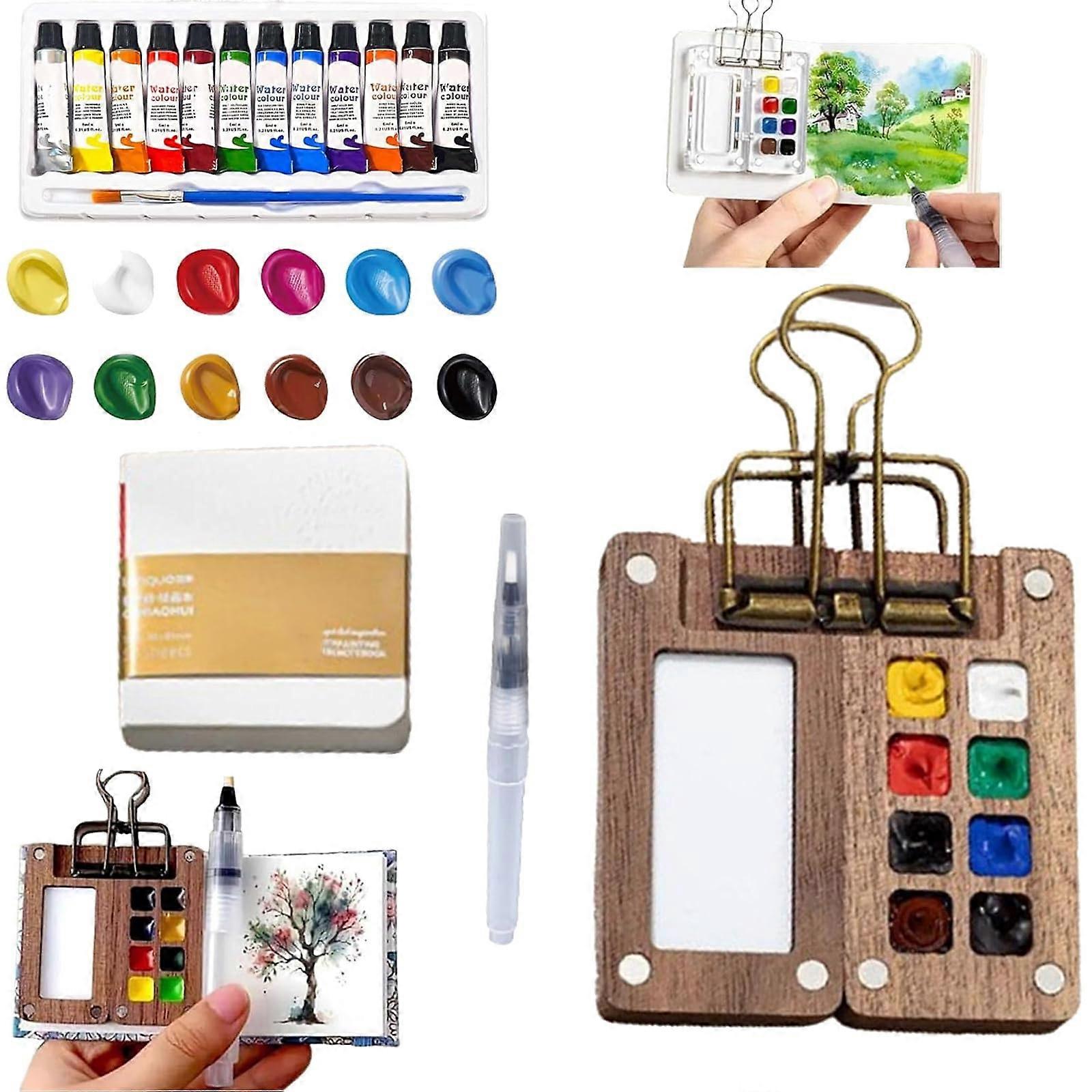 Tobios Watercolor Kit, Mini Paint Set, Travel Color Sets, Wooden Palette (8set)