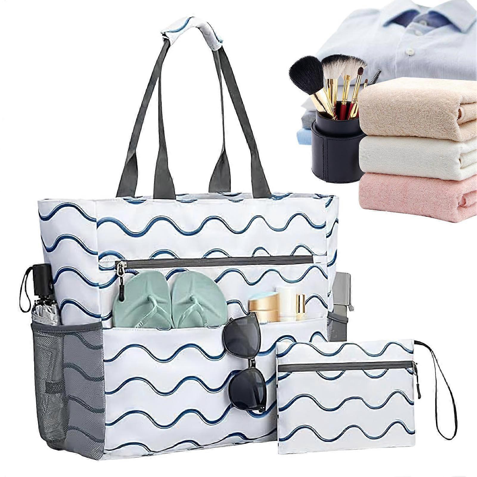 Beach bag portable with wallet, large zippered, foldable, for vacation, pool, gym, work, picnic, everyday use, wave pattern
