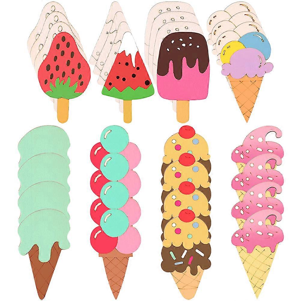 Wooden Ice Cream Cutout Unfinished Craft Slices for Kids DIY Painting Assorted Color
