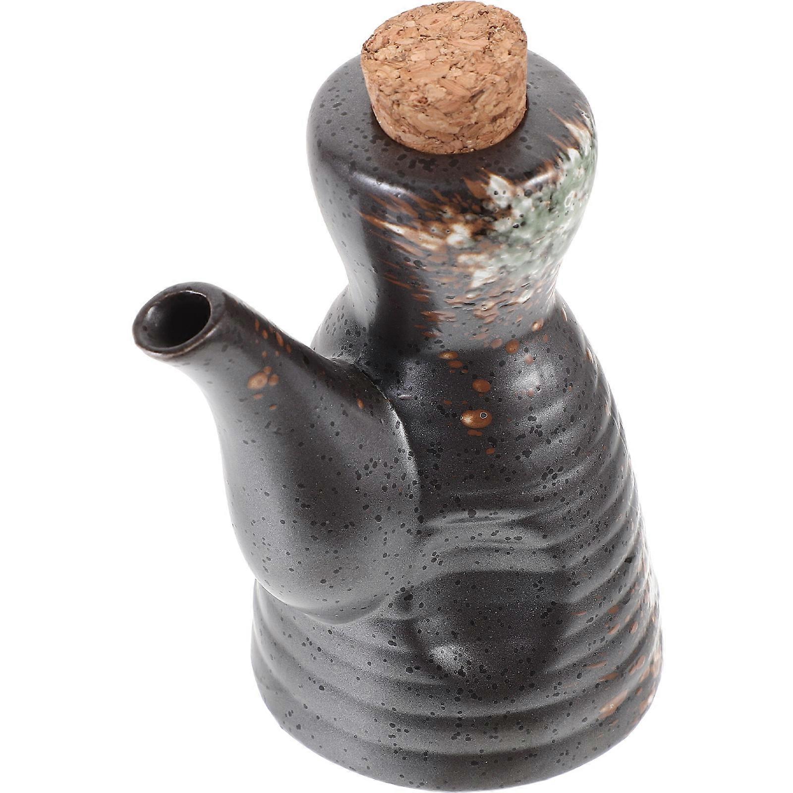 Japanese Style Ceramic Soy Sauce Dispenser with Wood Detail for Home Dark Brown 7.87x3.54x5.12 Inches