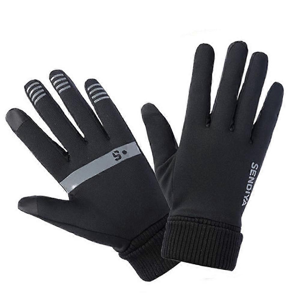 Warm Windproof Cycling Gloves for Outdoor Use Black Cloth Material with Reflective Strip Size L