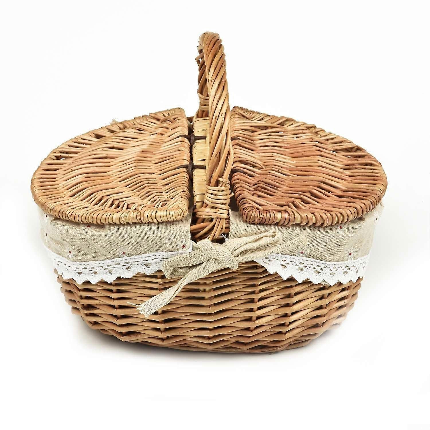 Attractive woven basket storage solution for picnics and home use. Doublelid design offers easy access.