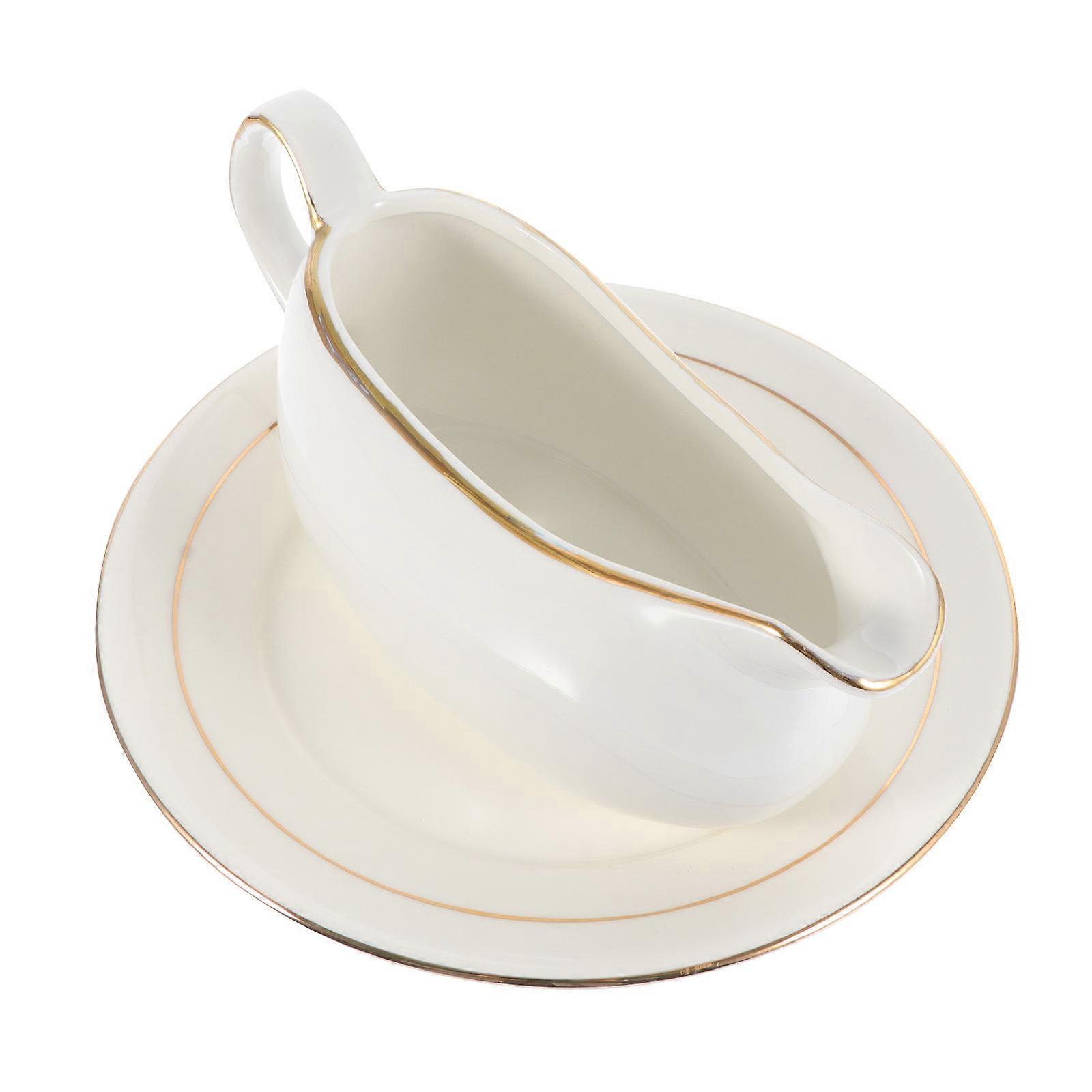 White Ceramic Gravy Boat Set with Tray for Kitchen Use and Practical 1 Set