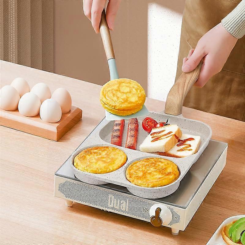 Nonstick Egg Frying Pan 3 in 1 Aluminium Alloy 3 Section Cookware with Wood Handle for Steak Omelet Muffins Bacon