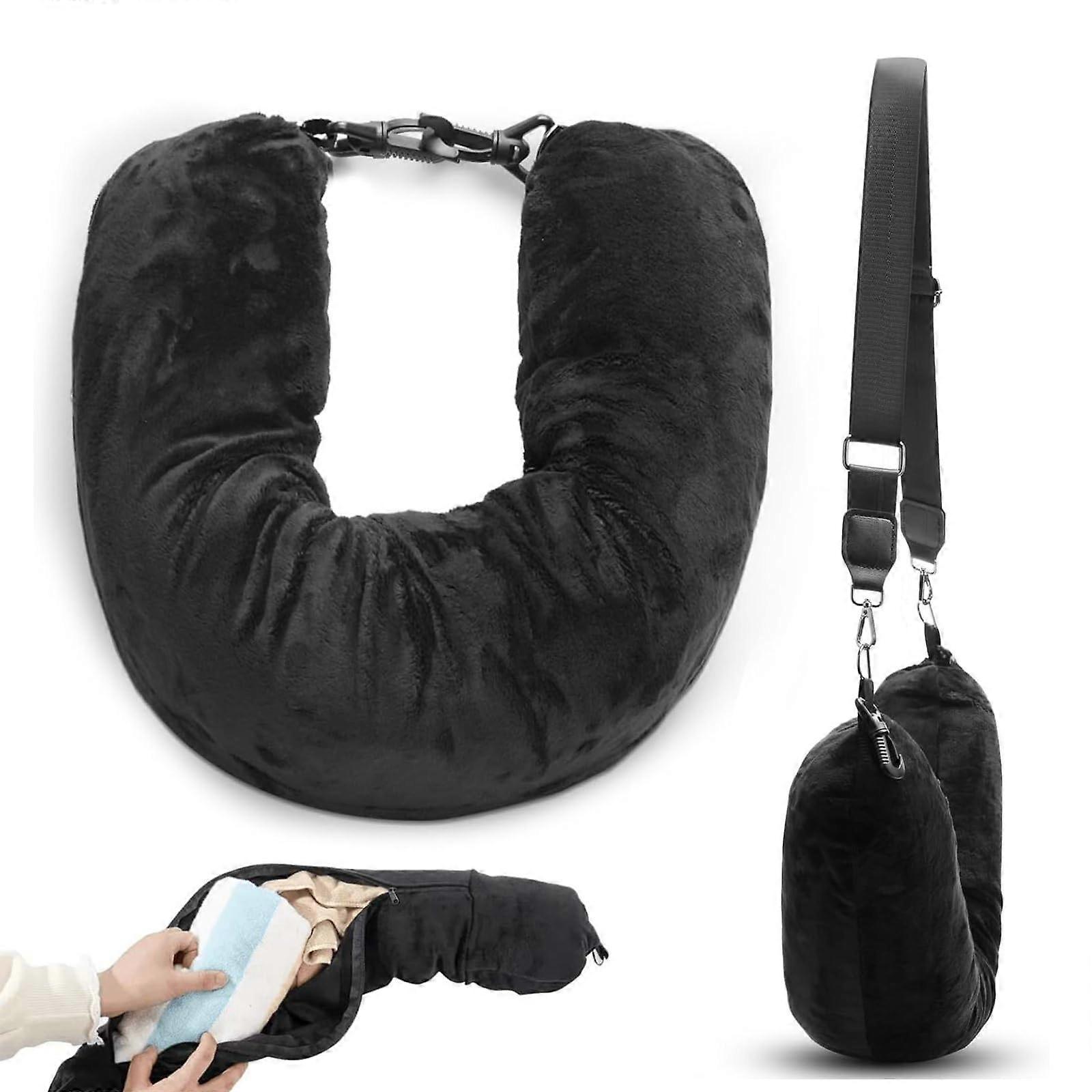 Stuffable Neck Pillow for Travel, 80 x 18.5 cm, Travel Pillow With Adjustable Straps, Stuffable With Clothes, Black