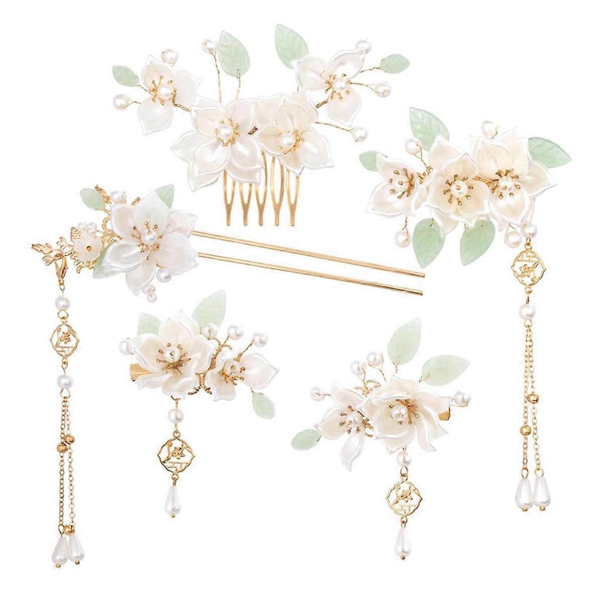 5PCS Camellia Flower Tassels Hairpin,Pearl Hair Clips