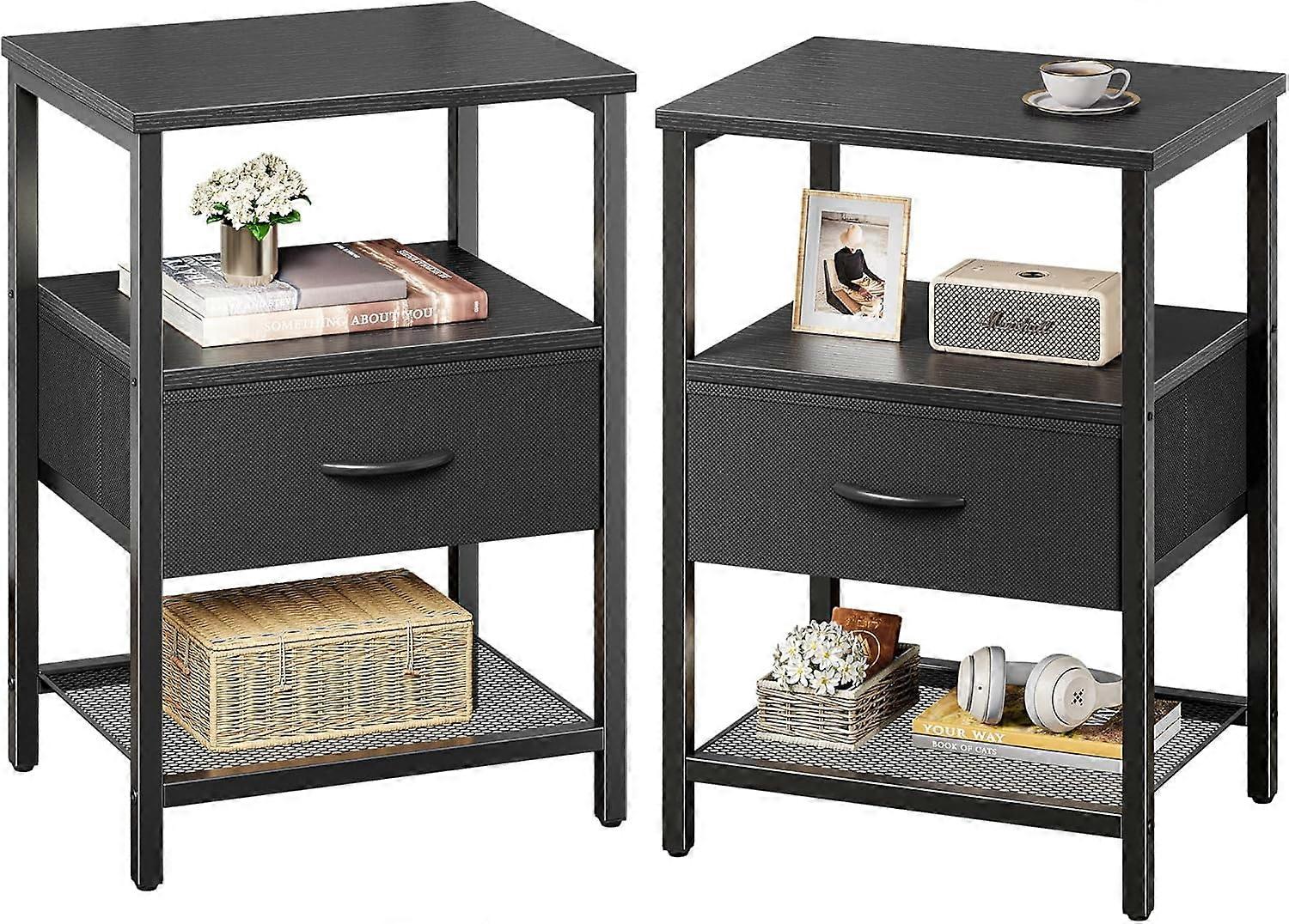 Nightstand Set of 2 with Fabric Drawer, Mesh Shelf, Metal Frame, Side Table Storage, Black