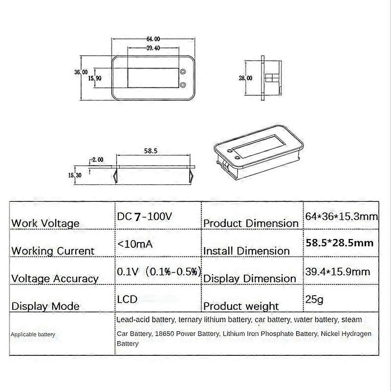7-100V Digital Battery Capacity Tester, NO Waterproof