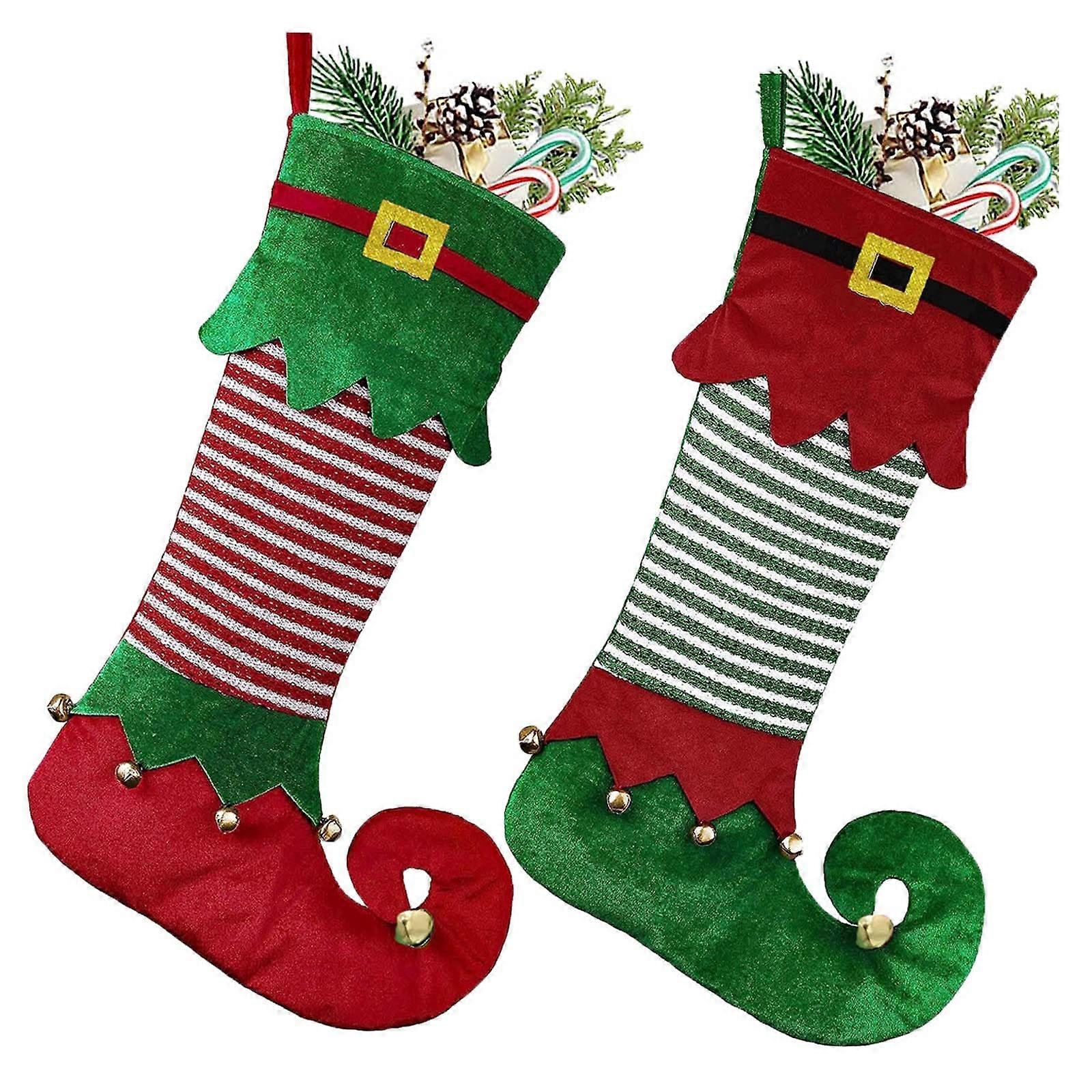 Christmas Stockings Set of 2 Large  Red and Green with Bells for Fireplace and Tree Decorations