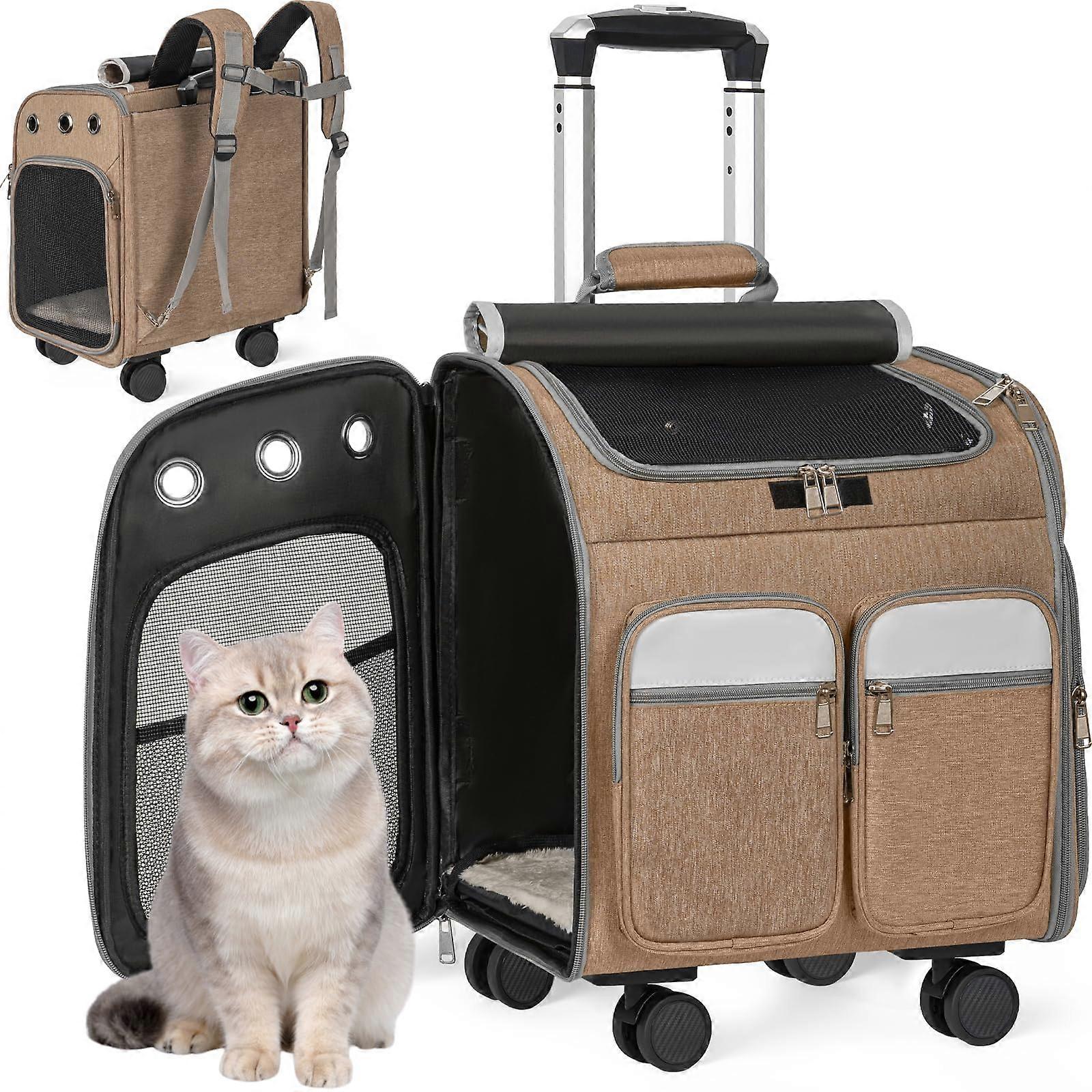 Pet Carrier Large Carrier with Wheels for Cats Rabbits and Small Dogs Backpack 4Way Handbag Khaki