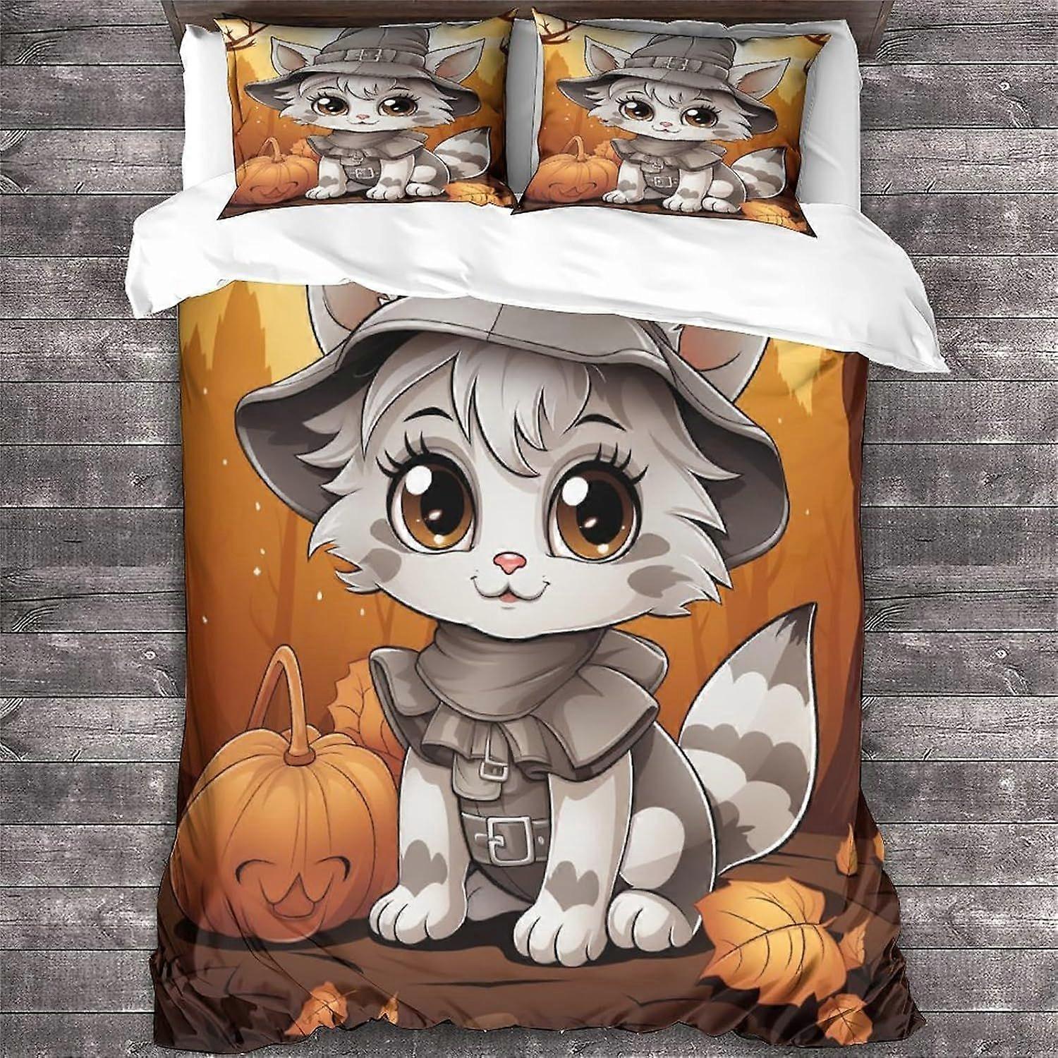 مجموعة فراش القط LikeEj مجموعة غطاء لحاف غطاء لحاف هالوين سحاب ناعم مع غطاء وسادة ملك