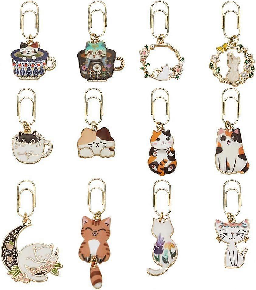12Pcs Cat Theme Paperclips 1.5~2.3 Inch Metal Paper Clip with Alloy Enamel Cat with Moon Pendant Paperclip Bookmark for Paper Document Note Sorting an
