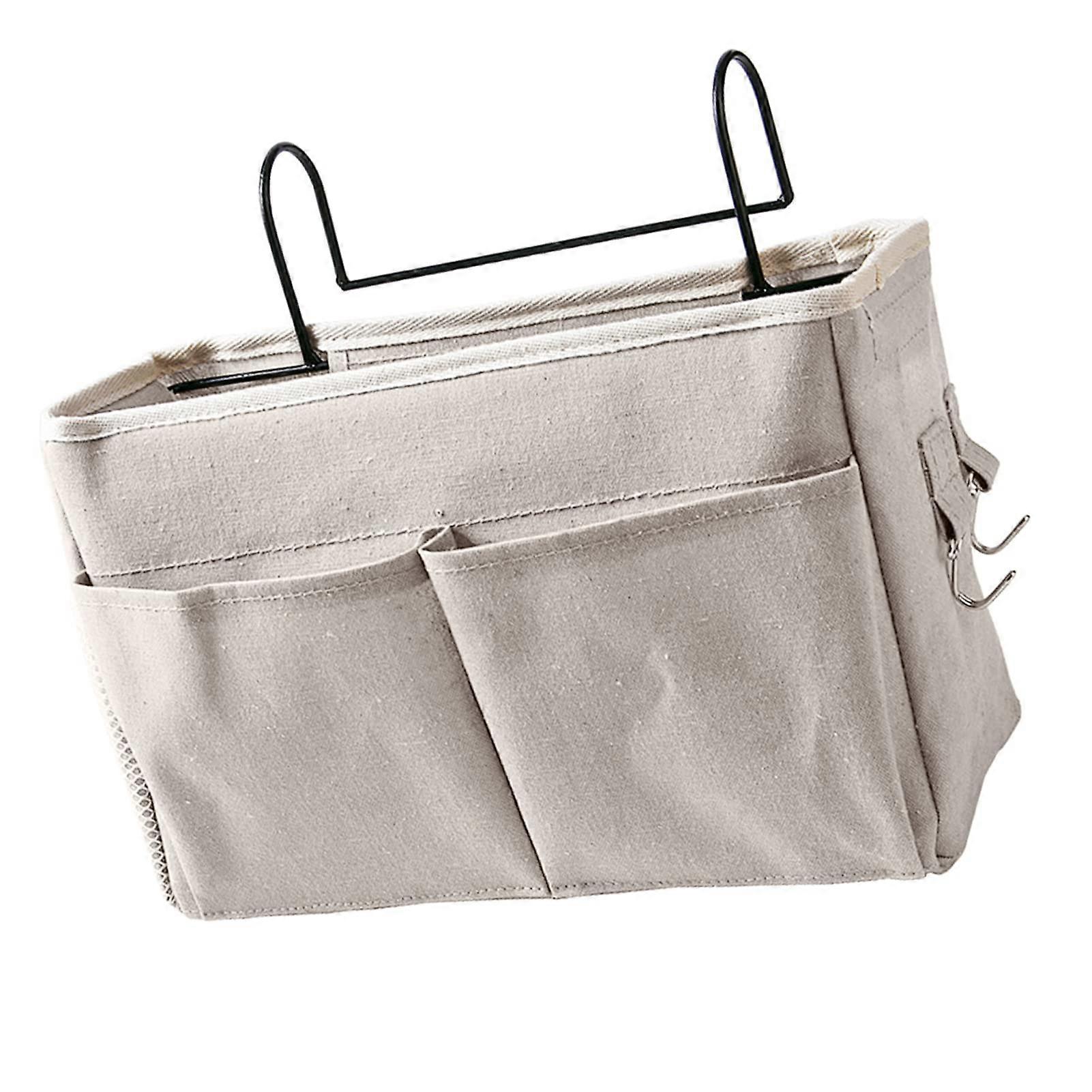 Bedside Storage Organizer Cotton Linen Caddy with Wide Hooks for Bunk Bed Dorm White