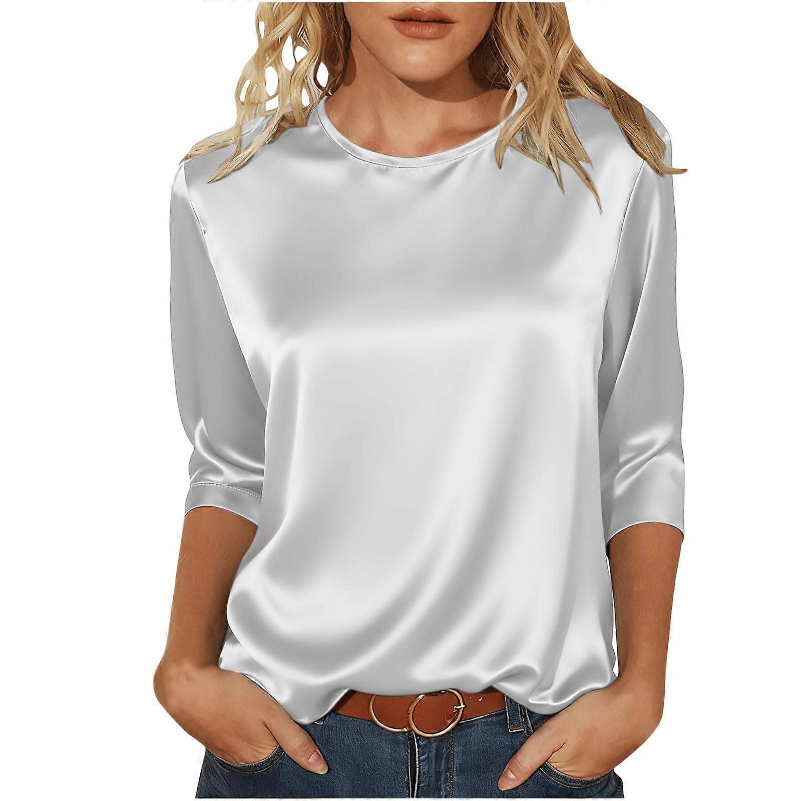Women's silk satin blouse, elegant and casual round neck, three-quarter sleeves.  White XL
