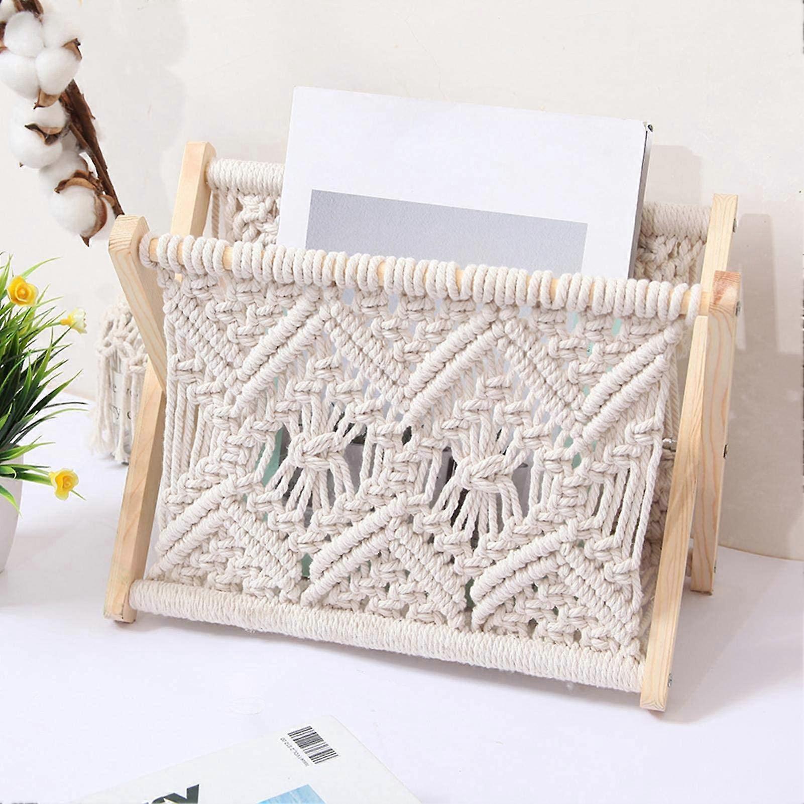 Macrame Magazine Rack Rustic Wooden Storage Holder SpaceSaving Boho Decor for Living Room