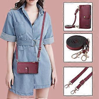 Case For Iphone 13 Mini Red 1.2m Diagonal Long Bracelet Leather Lanyard Litchi Pattern Card Slot No8325