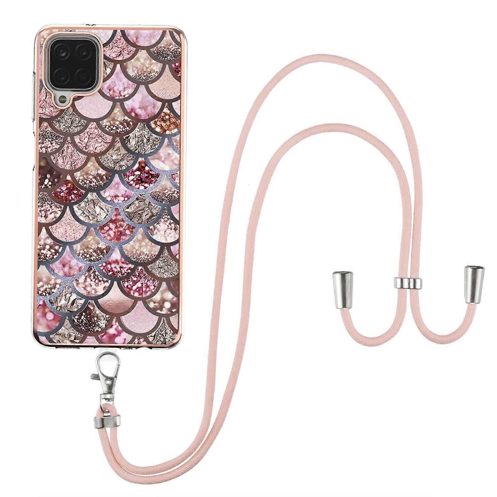 For Samsung Galaxy A12/M12/F12 Electroplating Pattern IMD TPU Shockproof Case with Neck Lanyard